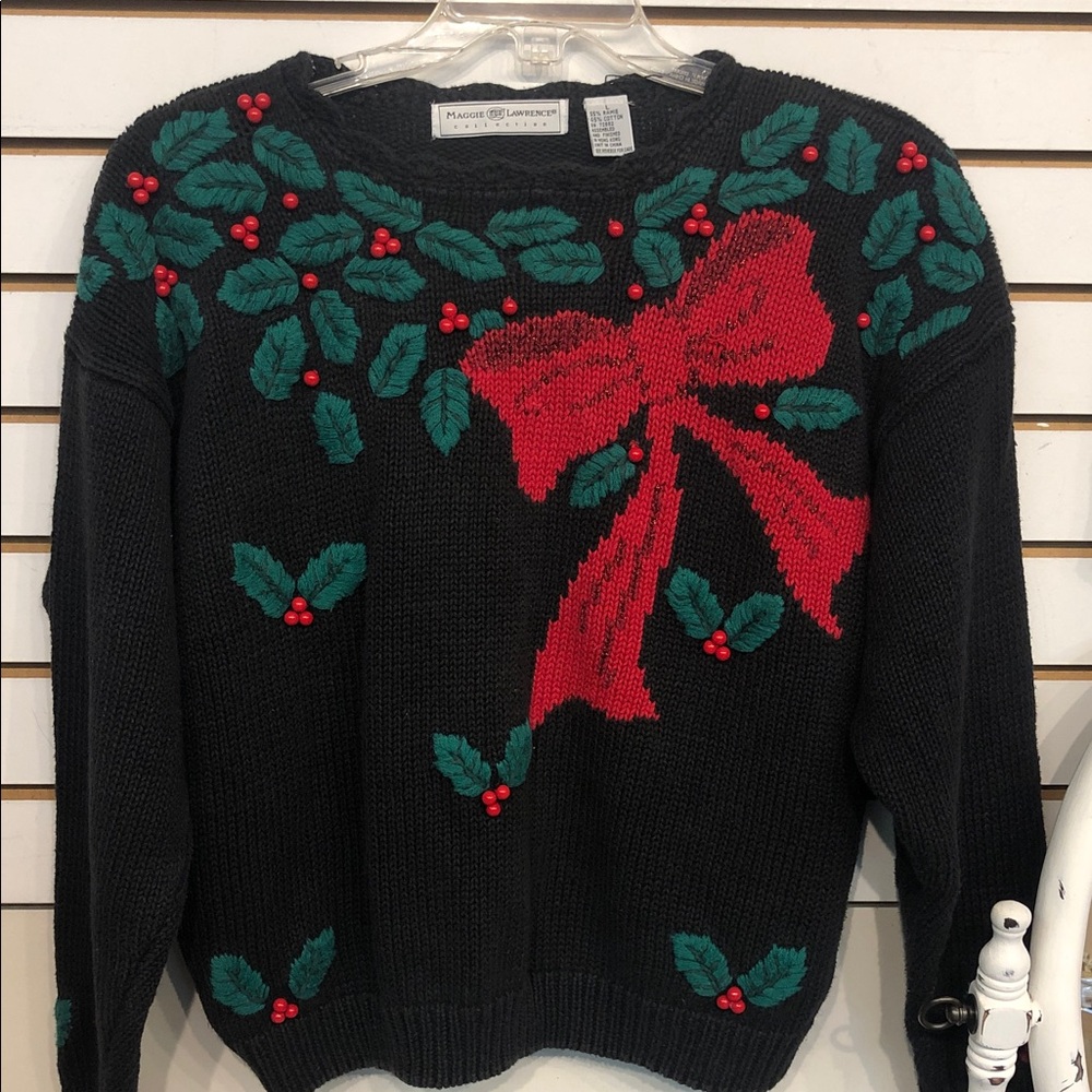 Holiday Black Sweater with Red Bow and Green Leaves